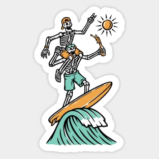 couple of skulls are surfing Sticker